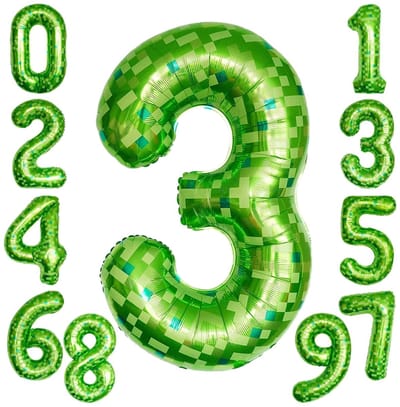 Allecto - Folie Ballon Nummer 3 - Groene Pixel Thema - Feestdecoratie - Ballon voor Verjaardag - Unieke Feestartikelen - Geschikt voor Kinderen - G...