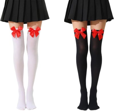 Dames Kniesokken met Witte Strik - Stretch Kostuumsokken voor Halloween, Carnaval en Valentijnsdag - One Size