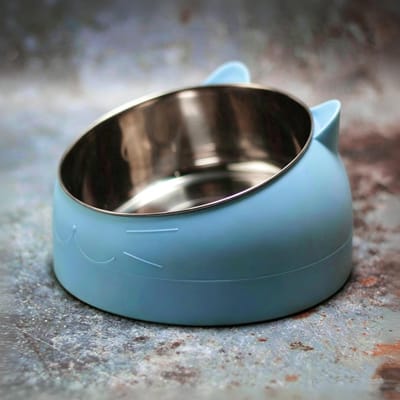 LISM-Roestvrijstalen kattenvoerbak, kantelbaar tot 15°, afneembare kom, Geschikt voor katten en honden (400 ml), met halsbeschermer, kan water, natvoer en droogvoer bevatten (blauw).