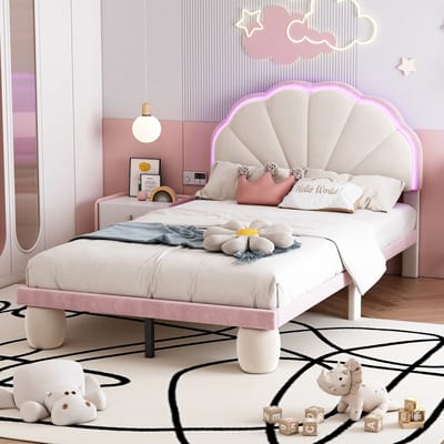 Wishdor Gestoffeerd Eenpersoonsbed 90x200 cm – Golvend Hoofdbord – Kleurwisselende LED – Fluweel – Wit en Roze