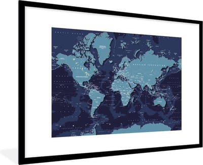 Poster in lijst - Fotolijst 120x80 cm - Posters - Wereldkaart - Abstract - Blauw - Posterlijst zwart - Decoratie - Wanddecoratie woonkamer - Muurdecoratie slaapkamer