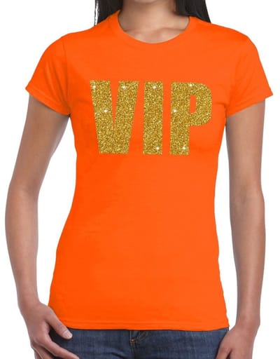 VIP tekst t-shirt - oranje - glitter and glamour thema - gouden glitter letters - dames XS