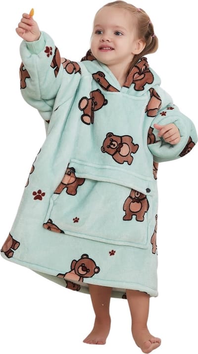 Hoodie deken kind - Fleece kinder poncho - plaid met mouwen en capuchon - oversized hoodie kind - fleece deken met mouwen – Draagbare deken - hoodie plaid voor kinderen - hoodie blanket - TV deken – zacht & warm - maat 116 t/m 134 - beer