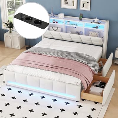 Tweepersoonsbed 140x200 met Opbergbaar Hoofdeinde, USB en LED Verlichting - Beige Linnen Bed met Lades
