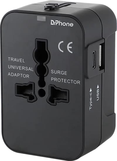DrPhone TravelFuse – Universele Reisadapter – Met USB & USB-C Poort – Universele Plug – Internationale Plug - Zwart