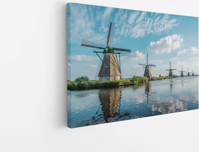 Saammp Canvas Schilderij -Molens op een rij - Zonsondergang - Landschap - Natuur - 45x30 - Foto op canvas - Wanddecoratie - Muurdecoratie Woonkamer - Slaapkamer decoratie - Canvas Print
