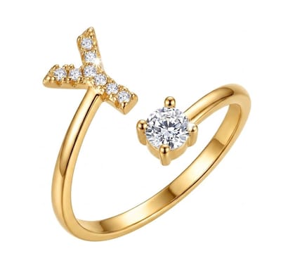 Goudkleurige en witkleurige ring met initiaal Y voor dames en heren – letter ring met zirkonia steen – open ring met Y ontwerp en ronde steen