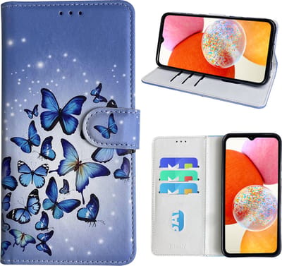 Hoesje geschikt voor Samsung Galaxy A14 Bookcase met Blauw vlinder print