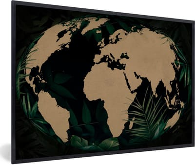 Poster in lijst - Fotolijst 90x60 cm - Posters - Wereldkaart - Wereldbol - Planten - Posterlijst zwart - Decoratie - Wanddecoratie woonkamer - Muurdecoratie slaapkamer