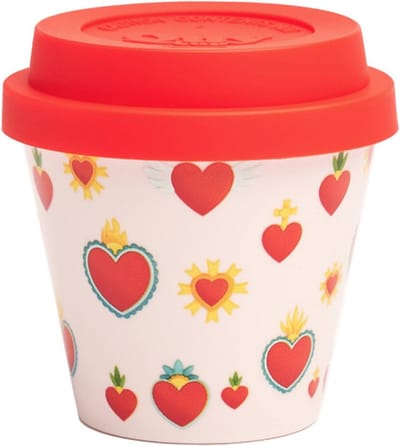 Quy Cup - 90ml Ecologische Reis Beker - Espressobeker “Sacred” met Rode Siliconen deksel 7x7x7cm