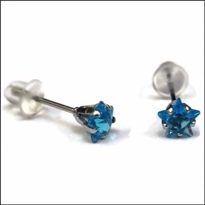 Aramat Jewels | Oorbellen | RVS Zweerknopjes Ster met Zirkonia - Sterretjes Oorstekers | Zilverkleurig / Aqua Blauw / 5mm | |3mm | Staal | Kinderen, Volwassenen | Verkleurd niet