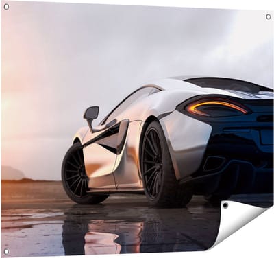 Gards Tuinposter Zilveren Sportwagen Auto bij Zonsondergang - 100x80 cm - Tuindoek - Tuindecoratie - Wanddecoratie buiten - Tuinschilderij