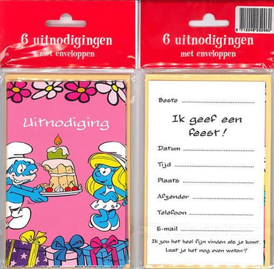 12 Uitnodigingskaartjes met envelop - Smurfen taart - 9 x 13.5 cm