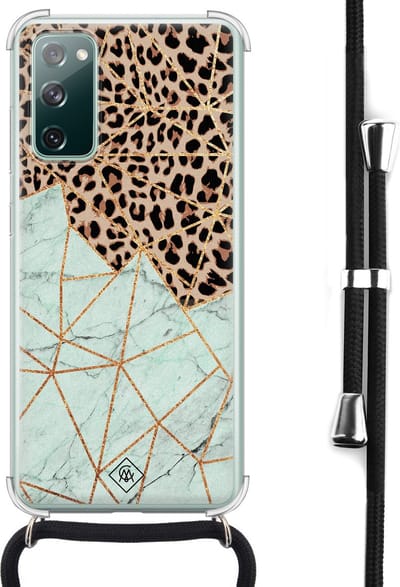 Casimoda® hoesje met koord - Geschikt voor Samsung S20 FE - Luipaard Marmer Mint - Afneembaar koord - Siliconen/TPU - Bruin/beige