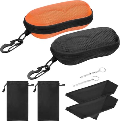 Semi-rigide brillenkoker, 2-pack EVA zonnebrilbox met metalen haak, beschermende hoes met rits en doek voor heren en dames, ideaal voor reizen en opberging