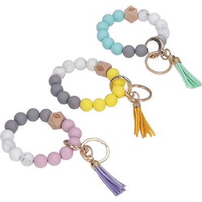 3Pcs Bracelet Porte-clés Perles en Silicone Porte-clés Métallique Style Pompons Bracelet Perlé pour Sac à Main Maison gray