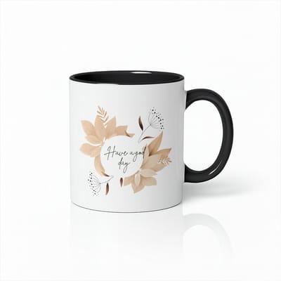 “Have a Good Day” Wit-Zwarte Mok – Elegante Bloem- en Bladerenprint – 330 ml Esthetische Koffiebeker