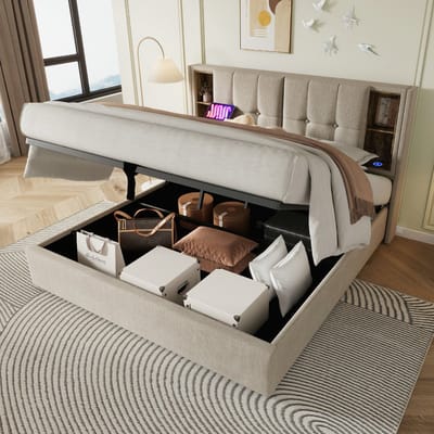 VVBV 140x200 cm Tweepersoonsbedden bedden met laden Bedbodem met opbergruimte Natuurlijke houten lattenbodem Beige