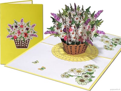Popcards popupkaarten – Verjaardagskaart Prachtig Boeket Kleurrijke Margrieten in een Rieten Mandje Vriendschap Felicitatie Beterschap Troost pop-up kaart 3D wenskaart