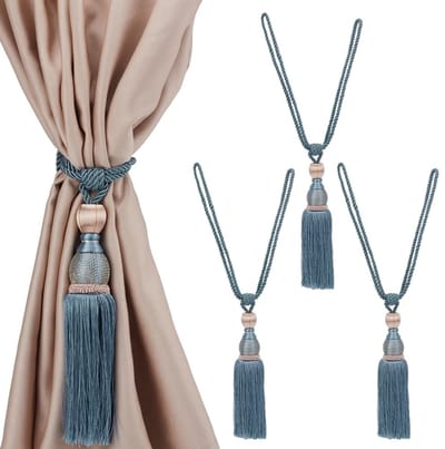Dailygoods - 4 Stuks Blauwe Stalen Gordijnhouders met Kwastje - Handgemaakt en Gevlochten