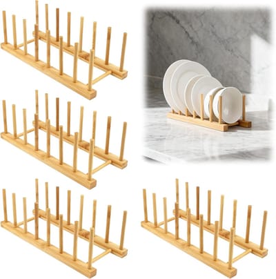 Bamboe Afwasrek voor Keuken, Organisator voor Borden en Bestek, Droogrek voor Servies, Ideaal voor Potten, Pannen en Snijplanken, Bruin Hout, Set van 4