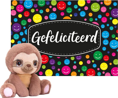 Cadeauset - A5 cadeaukaart Gefeliciteerd met luiaard knuffel - 16 cm