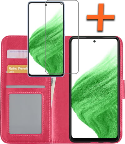 Hoes - Met Screenprotector - Geschikt voor Samsung Galaxy A53 - Luxe Pasjeshouder - Bookcase Portemonee - Flip Case - Kunstleer Book Case - Flipcase - Book Cover - Walletcase - PortemonneeHoes - Donkerroze