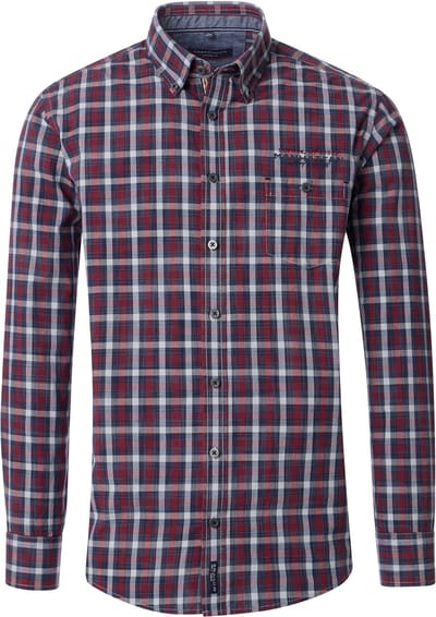 CASA MODA Sport casual fit overhemd - popeline - blauw met donkerrood geruit - Strijkvriendelijk - Boordmaat: 41 - 42