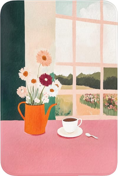 Badmat 60x90 cm - Antislip - Bloemen - Koffie - Raam - Badmatten voor badkamer - Badkamermat - Douchemat - Badkamer mat