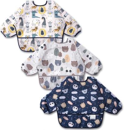 3-delige lange mouw slabbetjes set - Waterproof slab met zakje voor baby's en peuters 6-24 maanden