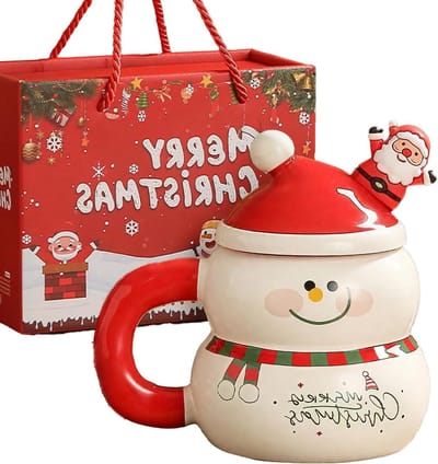 Keramische Kerstmok met Deksel - Sneeuwman Ontwerp voor Winterfeesten en Kerstdecoraties, Perfect voor Koffie en Thee