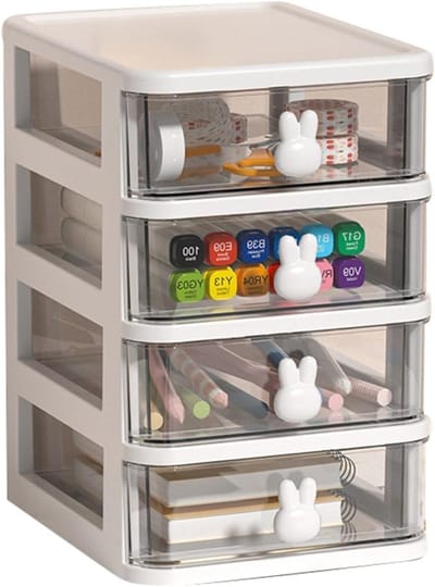 Multilayer Opbergdoos voor Bureau, Transparante Lades Organizer met Konijnenhandvat voor Boeken, Pennen en Kantoorbenodigdheden (Wit, Vier Laags)