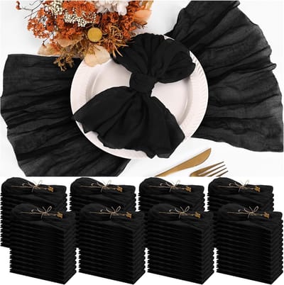 100 Stuks Zwarte Kaasdoek Servetten voor Diner – Gekreukte Stoffen Servetten in Bulk voor Bruiloft, Thuisfeest en Rustieke Tafeldecoratie, 17 x 17 Inch