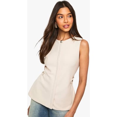 boohoo Dames Gestructureerd mouwloos vest met gouden knopen en getailleerde taille | Creme | Maat: 34