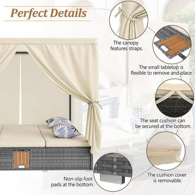 Zonneligstoel 2-persoons inklapbaar met verstelbare rugleuning en schaduwdak – HomeByNicole luxe rotan hemelbed lounge ligbed met kussens, hoofdsteun en plank – weerbestendig tuin- en strandbed met ligfunctie – grijs + beige