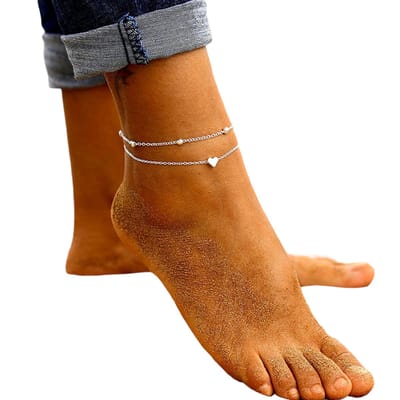 Joboly Enkelbandje met Hartje en Bolletjes 2 delig - Zilverkleurig - 21 cm + 5 cm - Dames