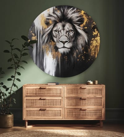 WallCircle® Wandcirkel 140x140 cm - Muurcirkel Leeuw - Portret - Verfspatten - Grijs - Muurdecoratie woonkamer - Wanddecoratie slaapkamer - Kamer decoratie accessoires - Ronde schilderijen
