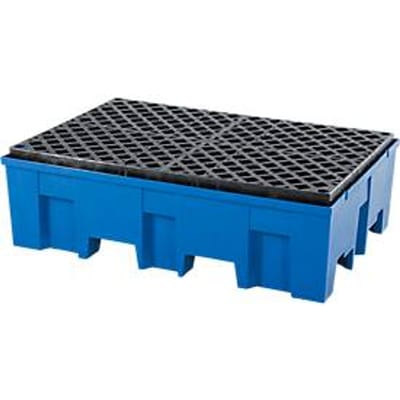 Opvangbak, voor 2 vaten van elk 200 l, met openingen voor palletwagen, B 865 x D 1245 x H 350 mm, met rooster van polyethyleen, polyetheen, blauw