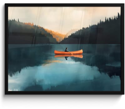 Poster in lijst - Fotolijst 70x50 cm - Posters - Bossen - Meer - Kano - Oranje - Posterlijst zwart - Decoratie - Wanddecoratie woonkamer - Muurdecoratie slaapkamer