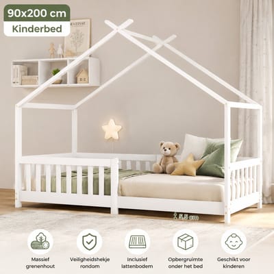 Kinderbed 90x200 cm Wit - Huisbed met Dak en Veiligheidshekje - Massief Grenenhout - Inclusief Lattenbodem - Kinderbed met Opbergruimte