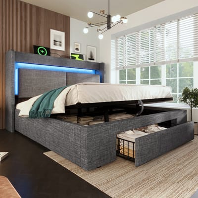 MODFU Ledikant 160x200 cm – Linnen met LED, hydraulisch & USB – Incl. matras – Grijs