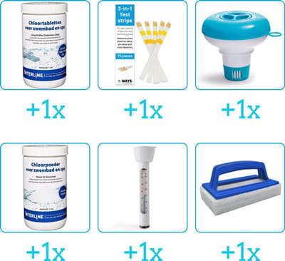 Zwembad Onderhoudspakket - Onderhoud Zwembad - bevat Chloor - Testrips - Chloordrijver - Chloor - Thermometer en Scrubborstel (6-delig)