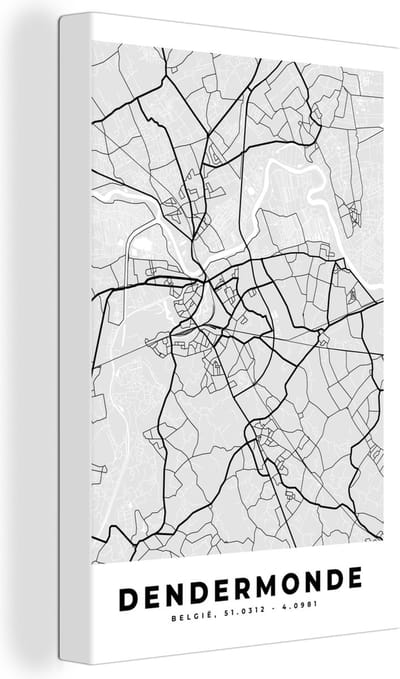 Canvas Schilderij Stadskaart – Zwart Wit - Kaart – Dendermonde – België – Plattegrond - 20x30 cm - Wanddecoratie