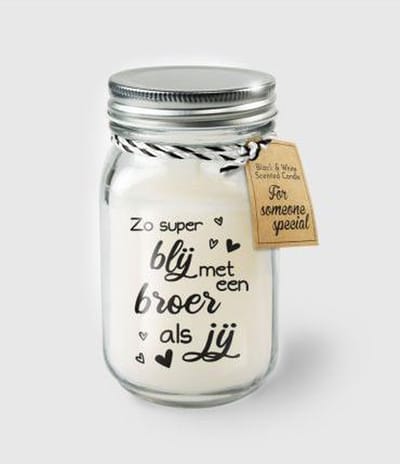 Kaars - Broer - Lichte vanille geur - In glazen pot - In cadeauverpakking met gekleurd lint