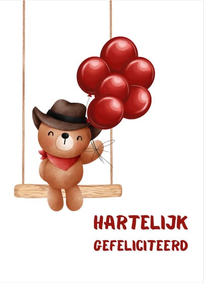 Wenskaart- beer met ballonnen -Kaart Hartelijk gefeliciteerd - Aquarel tekening- Verjaardagskaart kinderen- Ansichtkaart met adresregels- kwaliteitskaart 400 grams papier