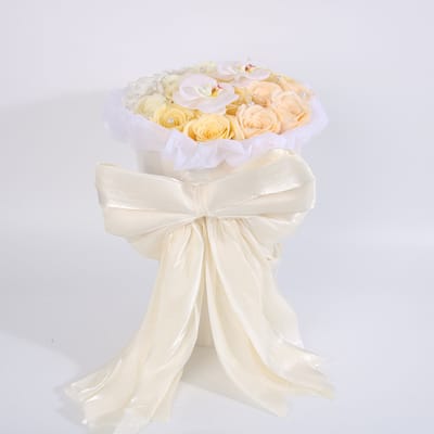 Kunstbloemen Boeket met Kunstrozen & Orchideeën – bloemen Arrangement Crème/Wit