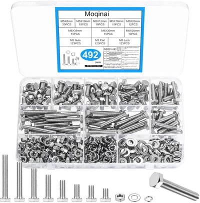 SnelShoppen - 492pcs M5 Inox Hex Head Screws Set, RVS Schroeven met Moeren en Washers, Roestvrijstalen Schroeven Assortiment voor Klussen en Construct