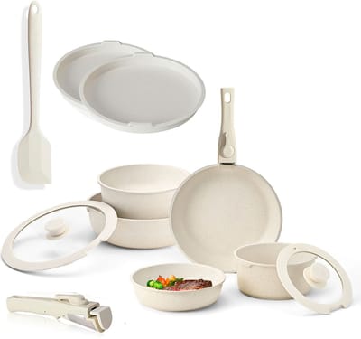 Pannenset 12-delig – Crème Wit Kookset met Afneembare Handgrepen – Koekenpannen 20/25 cm & Steelpannen 17/20 cm – Inductie Geschikt