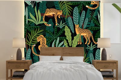 Behang - Fotobehang Jungle - Panter - Patronen - Jongens - Meiden - Planten - Breedte 240 cm x hoogte 240 cm