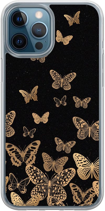 Hoesje geschikt voor iPhone 12 - Vlinders - 2in1 backcover - Print / Illustratie - Zwart, Goud - Leuke Telefoonhoesjes